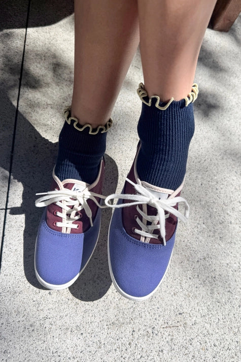 The Petite Ruffled Modal Socks in  NAVY/BUTTER